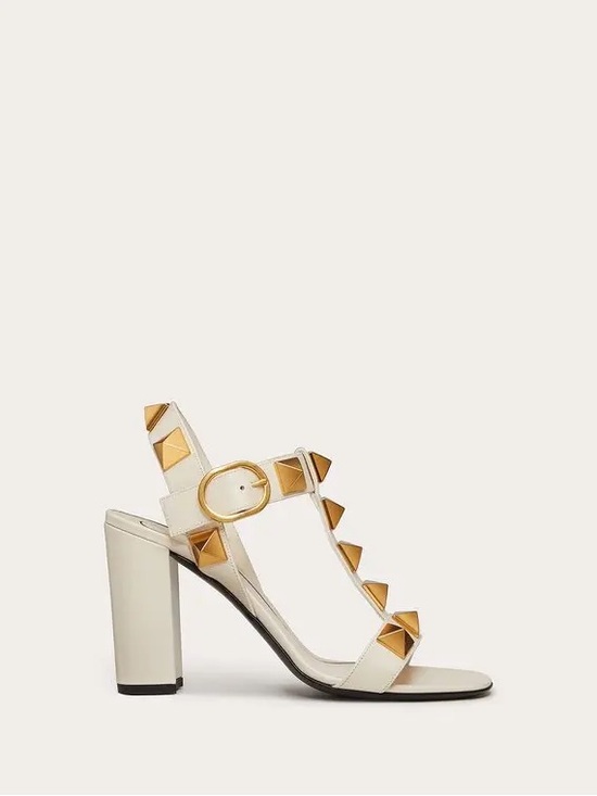 Valentino Garavani Shoes - Valentino Garavani White Leather Block-Heel Sandals with Gold Pyramid Studs
